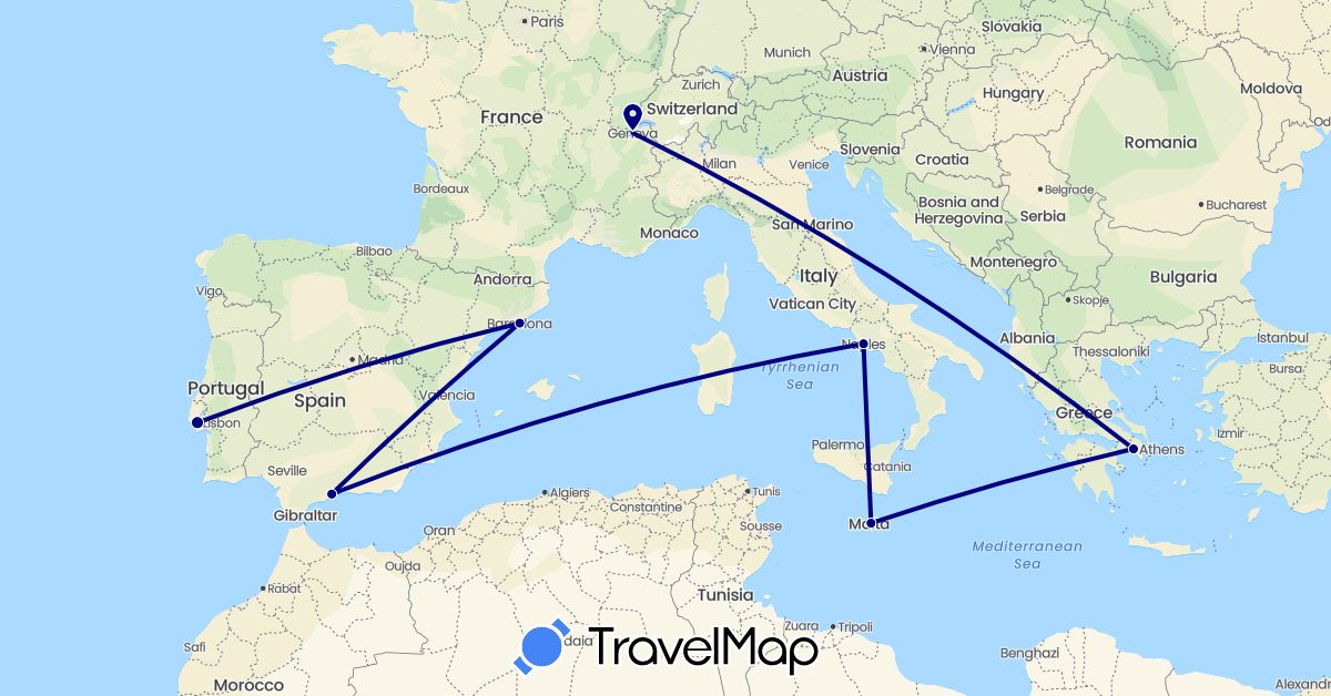 TravelMap itinerary: driving in Switzerland, Spain, Greece, Italy, Malta, Portugal (Europe)